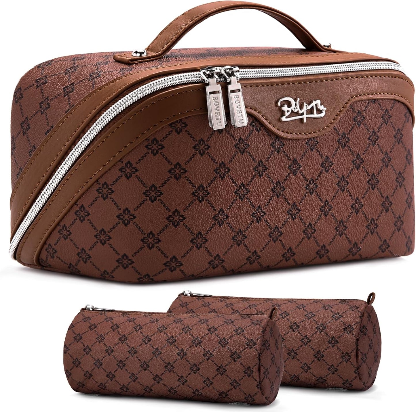 Travel Makeup Bag Set - Large Vegan Leather Cosmetic Organizer with Handle | 3 Pcs Portable Toiletry Bags in Coffee