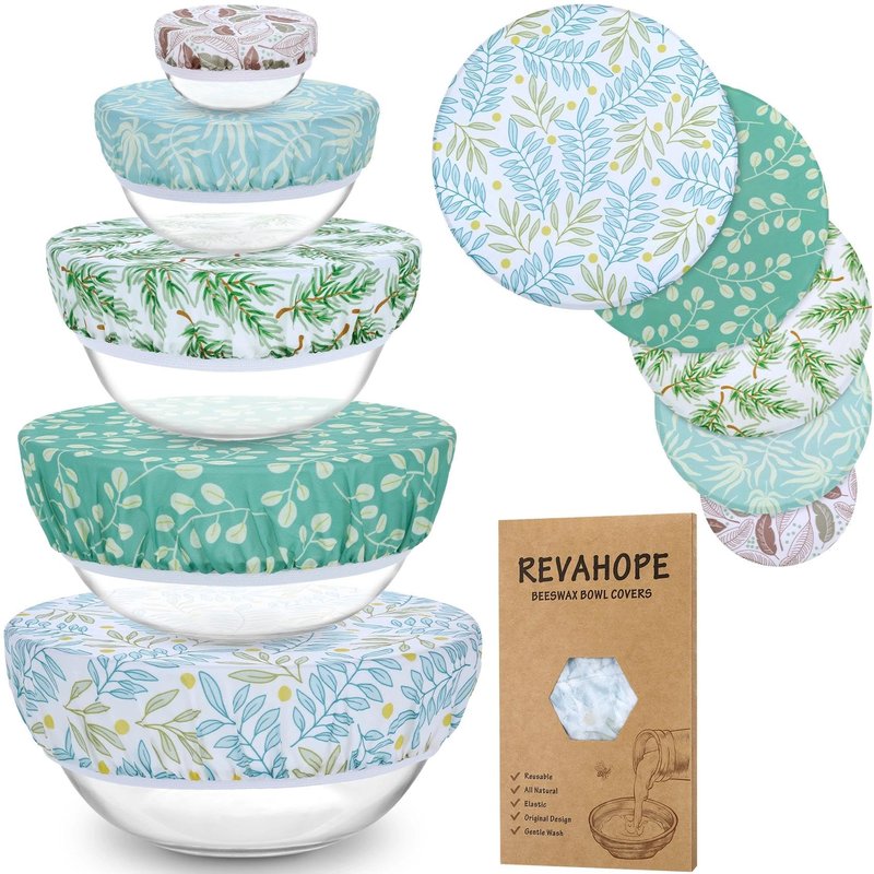 Revahope 5-Size Reusable Beeswax Bowl Covers for Bread Proofing, Cotton Cloth Flexible Beeswax Wraps for Food Storage(Green Leaves)