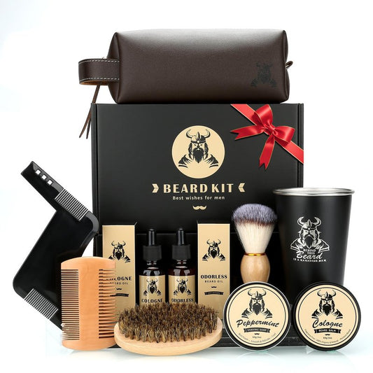 Beard Kit Gifts for Men, Father's Day Birthday Gifts for Men Dad Him, Grooming & Trimming Tool Complete Set, Beard Care Kit with 2 Beard Growth Oil/Balm/Brush/Comb/Shaving Soap/Cup&Storage Bag