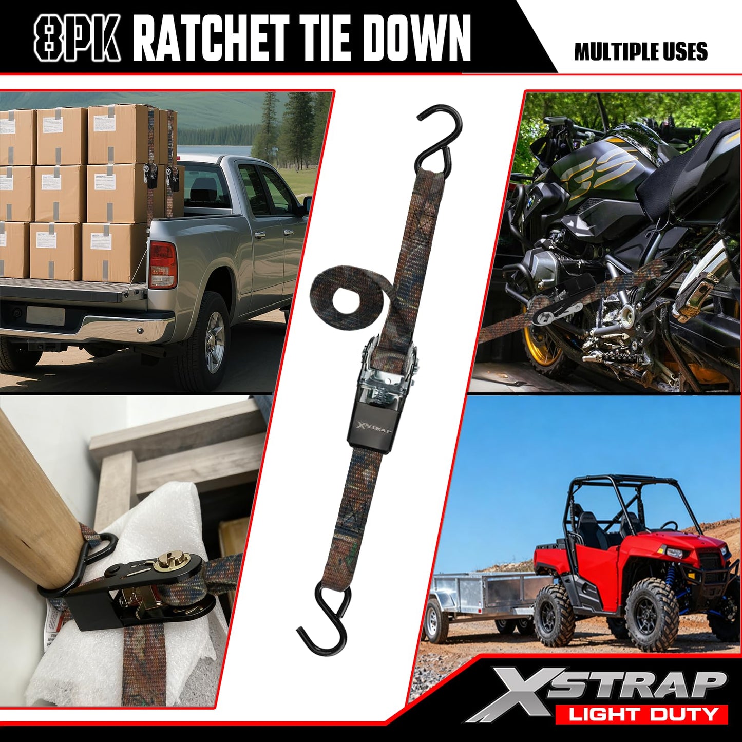 XSTRAP STANDARD Ratchet Tie Down Straps - 8PK - 1'' x 10 ft - 900 LB Break Strength Cargo Straps for Moving Appliances, Lawn Equipment, Motorcycle (Camouflage2)