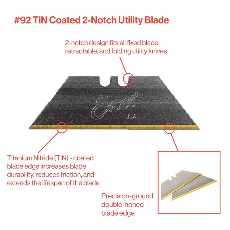 Excel Blades #92 Titanium Nitrade Coated Utility Knife Blades – Shatter Resistant High-Carbon Steel Razor Blades for Precision Cutting, 100 Pack Cutter Blade Replacement with Dispenser - Made In USA