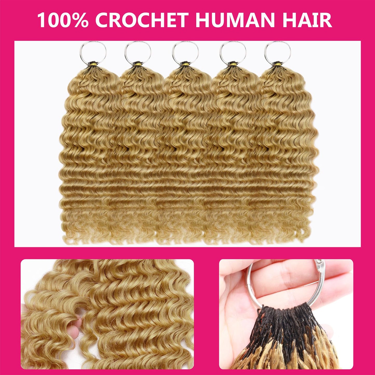 Honey Blonde Pre-Separated Human Crochet Hair Deep Wave Curly Miracle Knots Crochet 14 Inch 50g Honey Blonde #27 Knotless Feather Invisible 100% Human Crochet Braiding Hair Extensions for Black Women