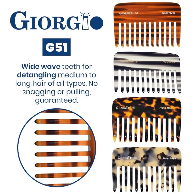 Giorgio G51 TW Small Travel Purse Comb - Wide Teeth Hair Detangler for Thick Curly Hair | Handmade Cellulose Design