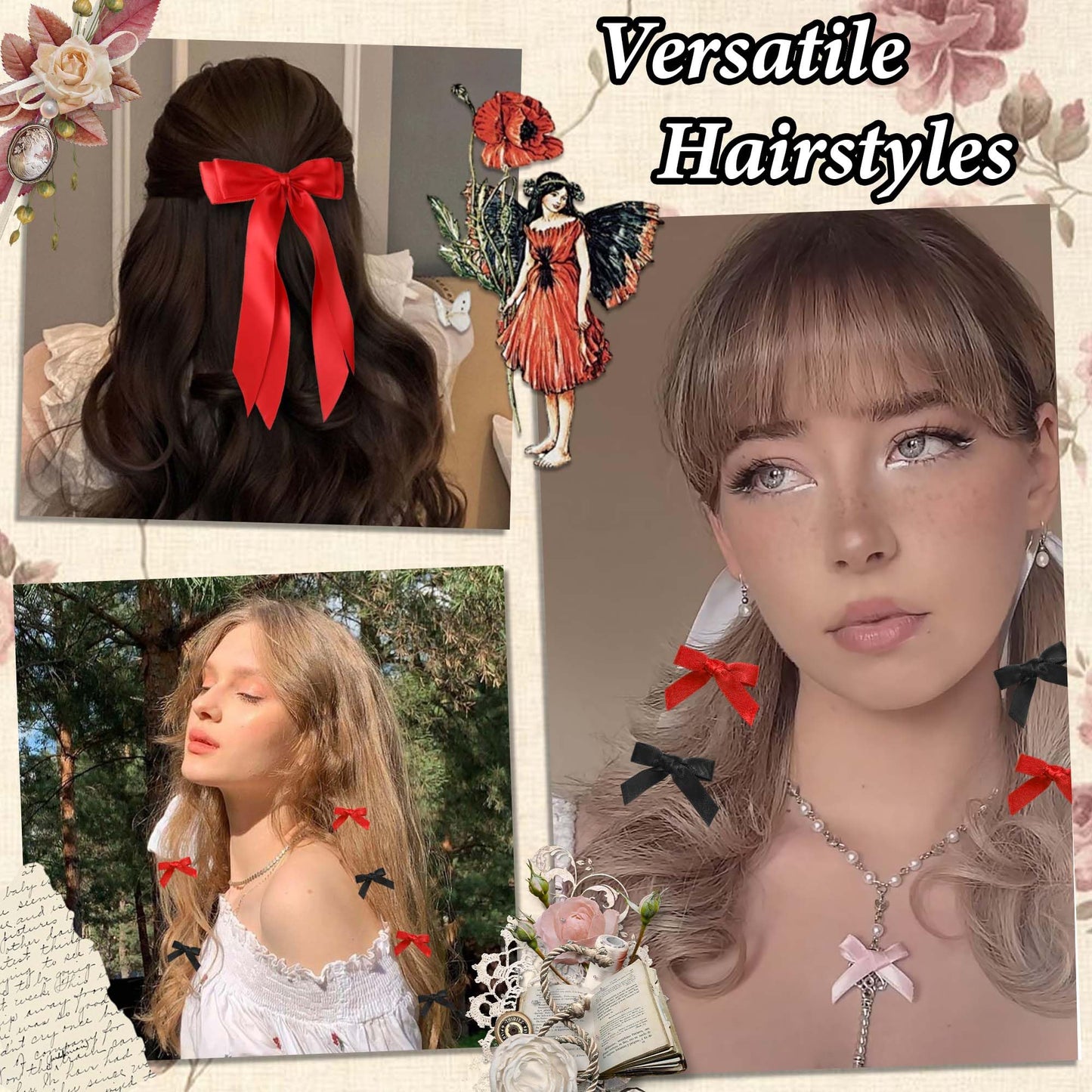 STGDAK Valentine's Day Hair Bows Ribbon Long Tails Double Layer Bow Clips Mini Bow Barrettes Small Bowknot Clip Ponytail Holder Black Red Hair Accessories For Girls Women Valentines Party Prom