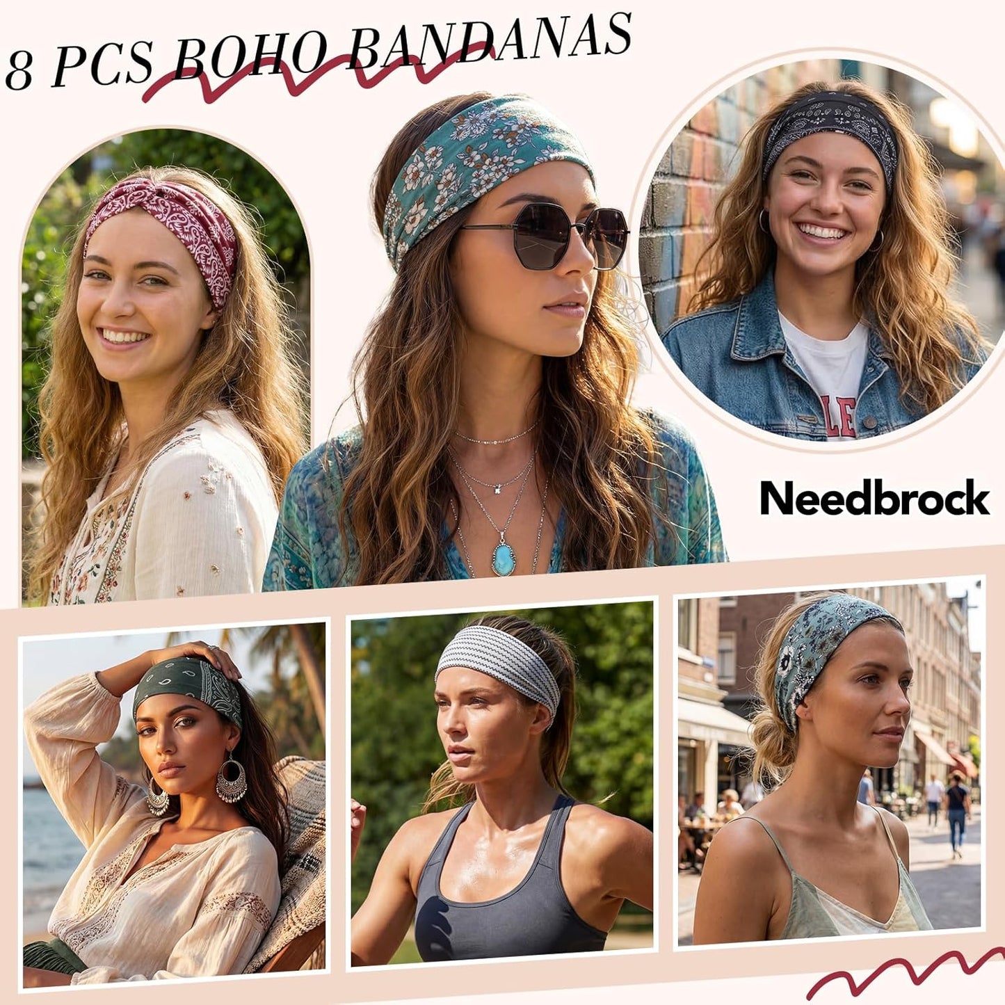 Needbrock Boho Headbands for Women - 8 Pcs Non-Slip Knotted Hair Bands | Soft Stretchy Cloth for Yoga & Daily Wear
