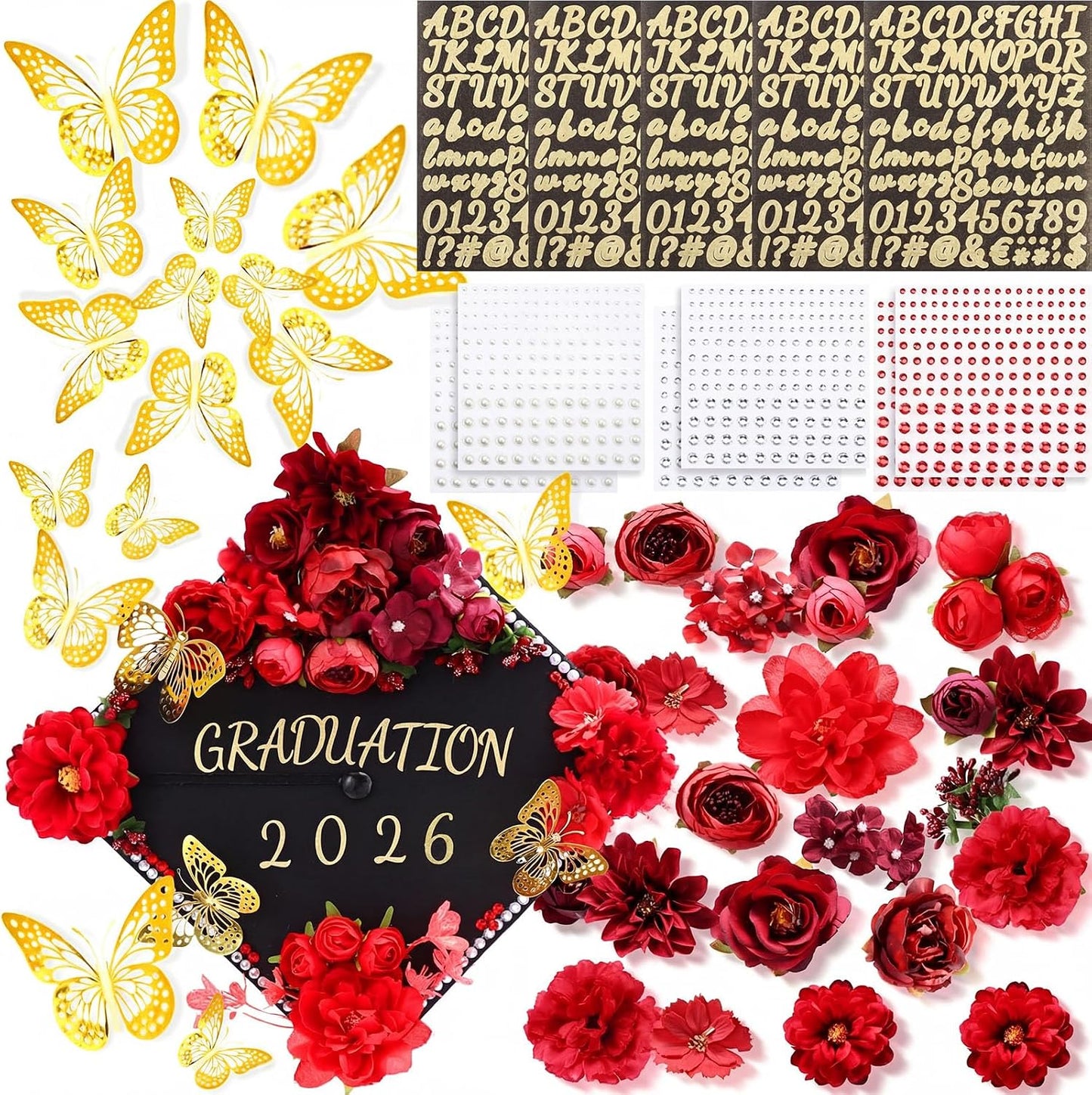 DIY Graduation Cap Decorations Kit - Faux Flowers, 3D Butterflies & Rhinestones | Pink Grad Cap Topper for 2026