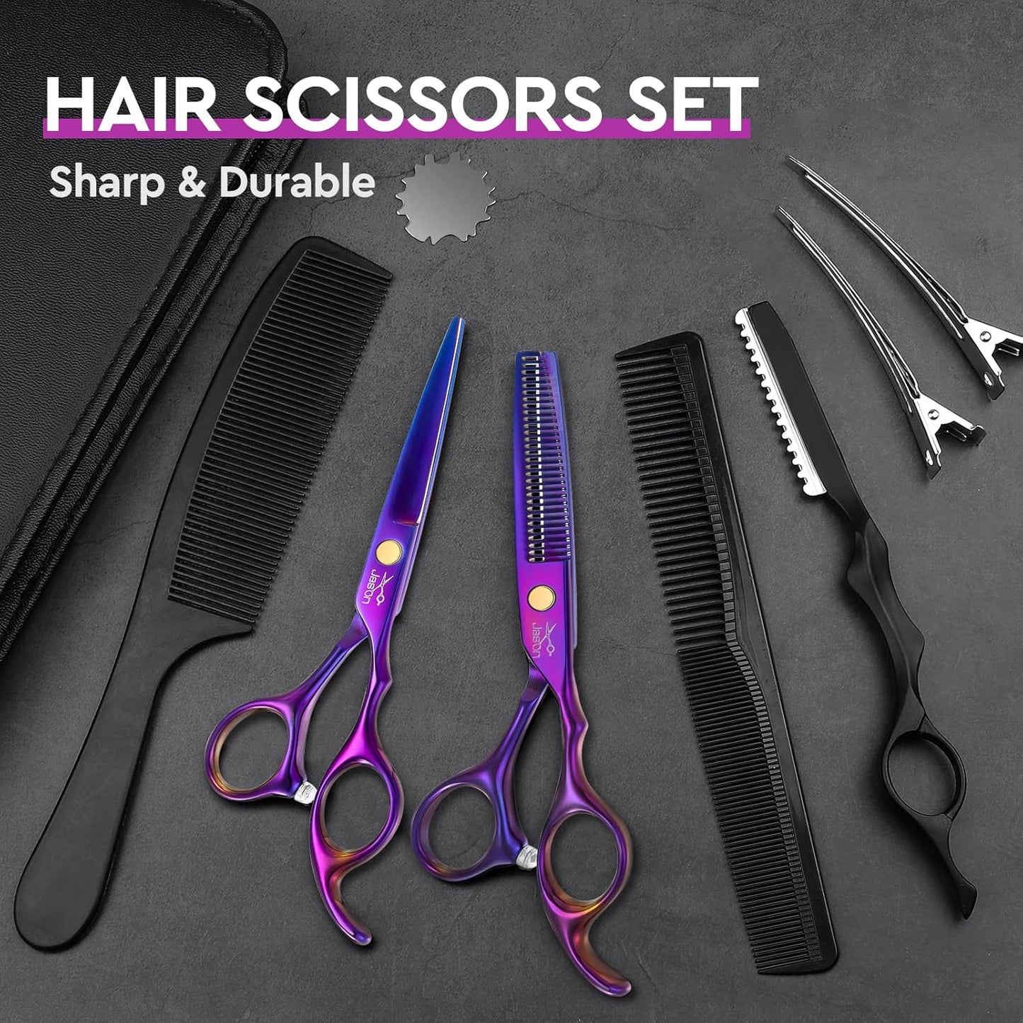 Professional Hair Cutting Scissors Set - 10 PCS with Thinning Shears & Straight Shears for Men and Women | Purple