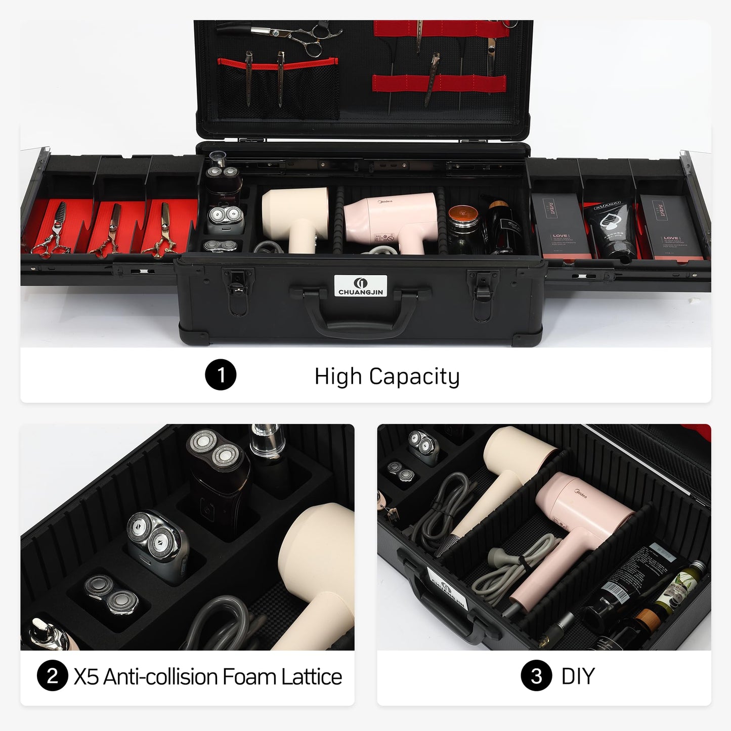 Large Barber Case Organizer, Professional Barber Briefcase with 6 Clipper Slots & 8 Shear Holders, Sliding Tray, 20" Aluminum Barber Carrying Tool Case for Clippers, Scissors, Trimmers & Supplies