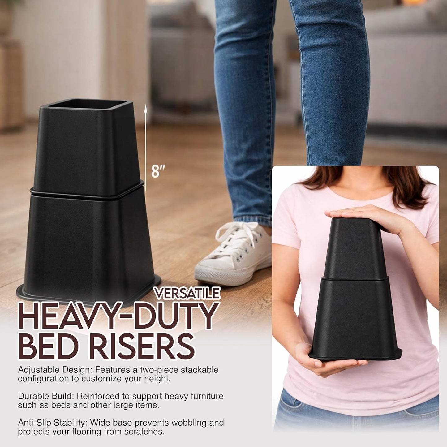 Utopia Bedding Bed Risers - Adjustable 3 & 5 Inch Furniture Lift for Under Bed Storage | Supports Up to 1,300 lbs (4 Set, Black)