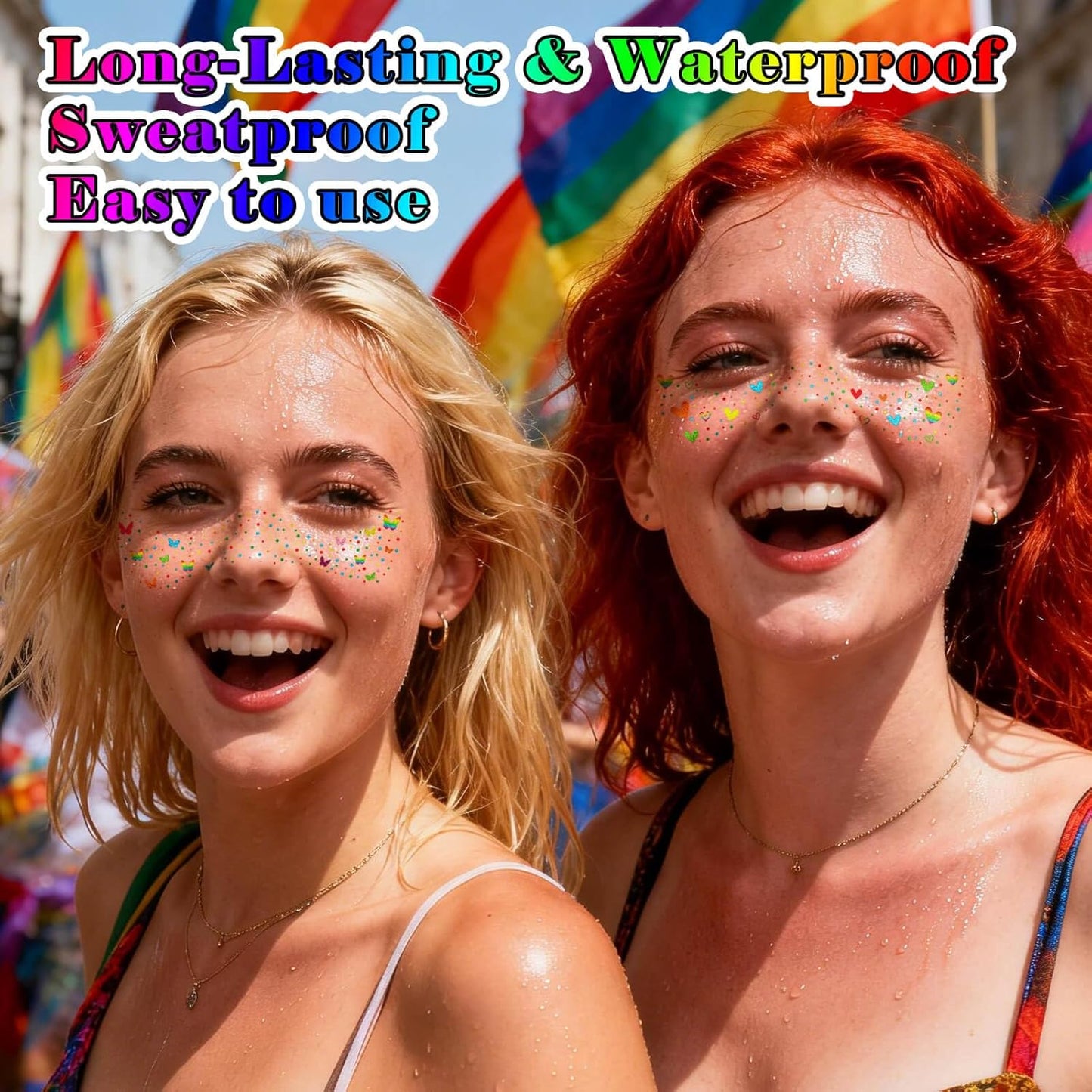 Rainbow Face Glitter Freckles - Waterproof LGBT Pride Makeup Accessories | 8 PCS Butterfly & Heart Temporary Tattoos