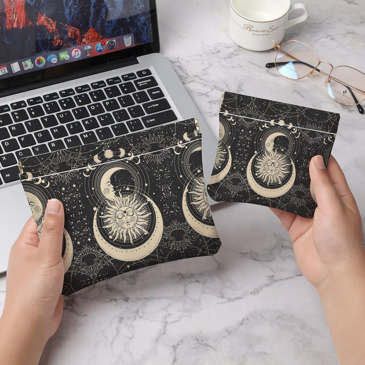 Makeup Bag Set - 2 PCS PU Leather Cosmetic Organizer | Portable Self-Closing Pouch for Women - Sun-Moon Face Design