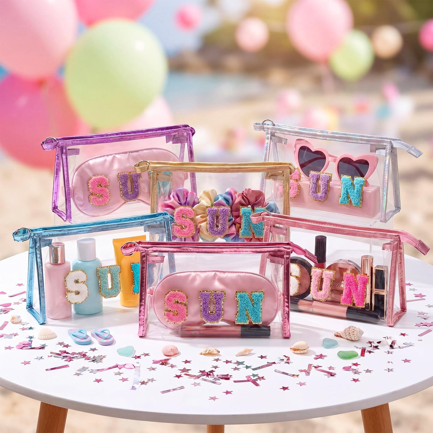 Weewooday 6 Pcs Clear Sunscreen Bag Preppy Patch SUN Makeup Bag Summer Essentials Clear Cosmetic Pouch Bulk Waterproof Toiletry Bags with Zipper for Women Summer Pool Travel Must Have Stuff