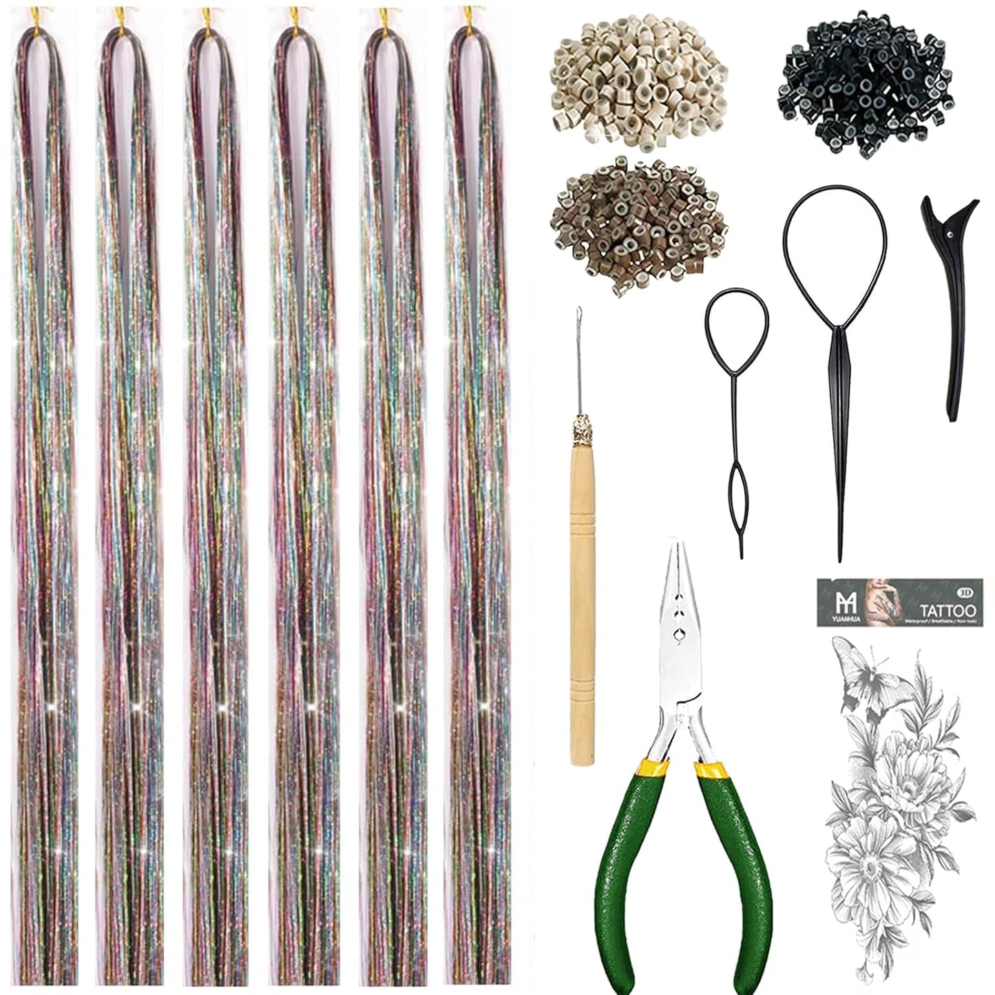 Hair Tinsel Kit - Holographic Hair Extensions with 8600 Strands | 18 Colors, 48 Inch, Heat Resistant Sparkling Glitter for Parties