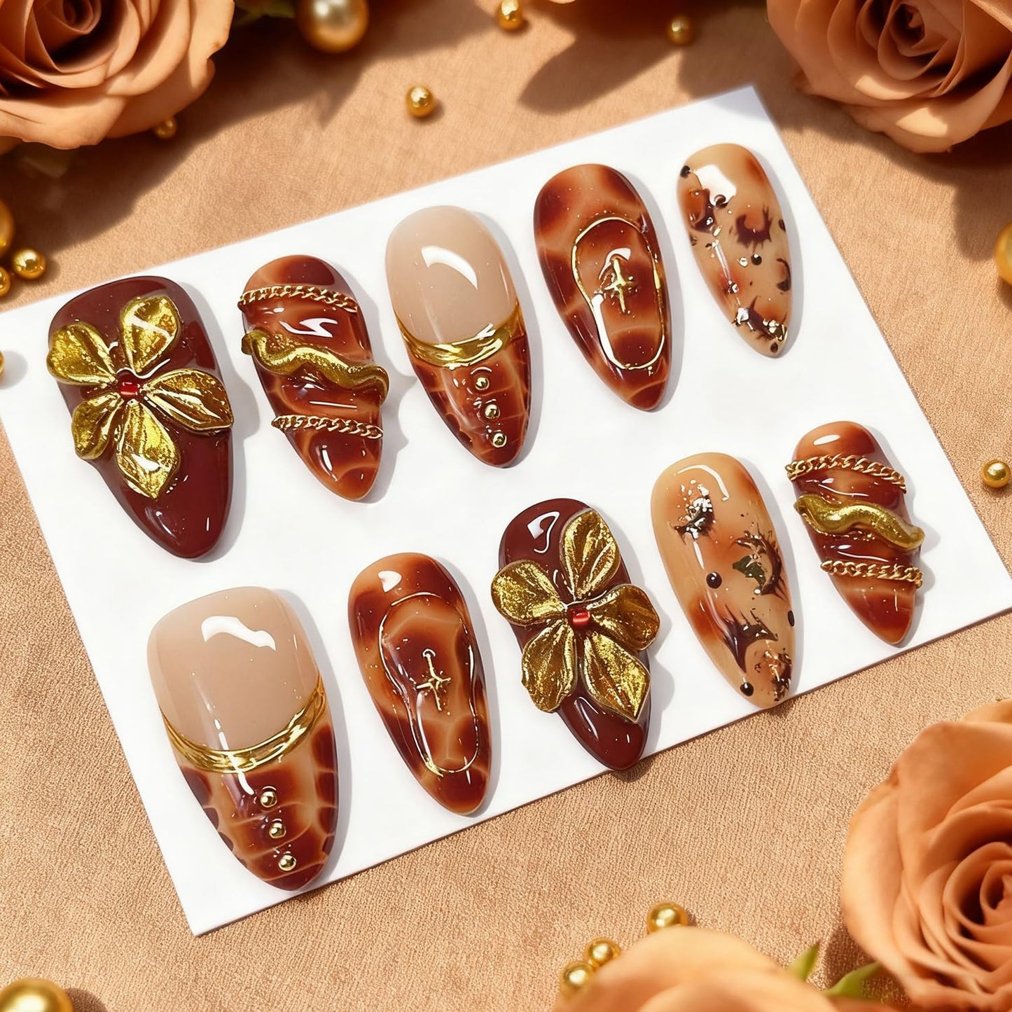 Christmas Press-On Nails - 24Pcs Medium Almond Acrylic with 3D Gold Snowflake & Floral Designs | Winter Red Full Cover