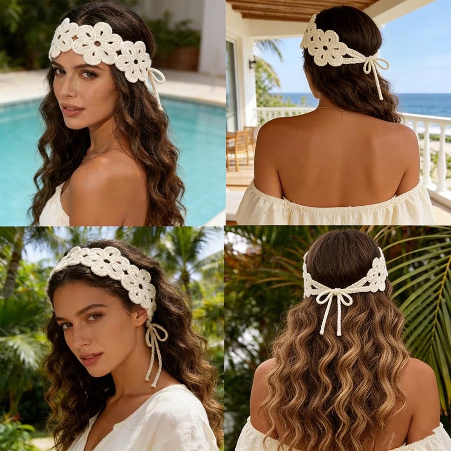 Seinyllu 3 Pack Boho Headbands for Women, Hippie Accessories Adjustable Tie Headband, Floral Crochet Hair Bandana for Girls