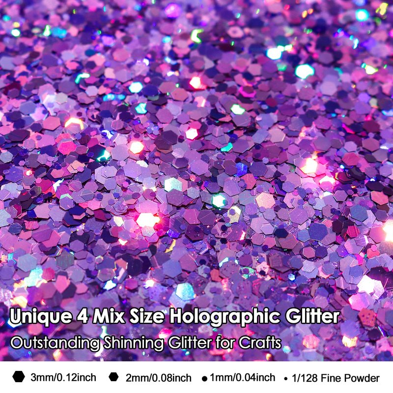 Renfio Holographic Glitter, 9.7oz/275g Laser Purple Chunky Glitter for Snowglobe Tumbler,Purple PET Flake Mixed Fine Powder for Snowglobe Tumbler,Craft,Epoxy Resin,Festival Decor,Nail,Slime