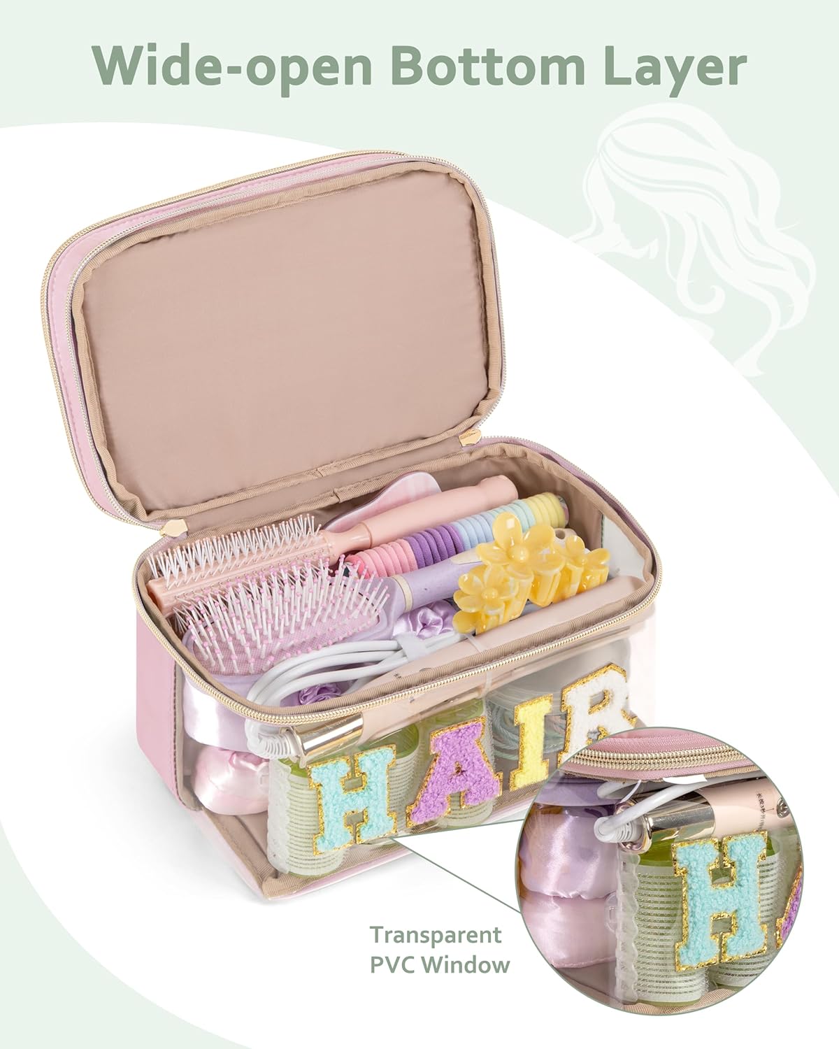 Double Layer Hair Accessories Organizer - Preppy Patch Makeup Bag with Chenille Letter | Portable Pink Cosmetic Pouch for Women