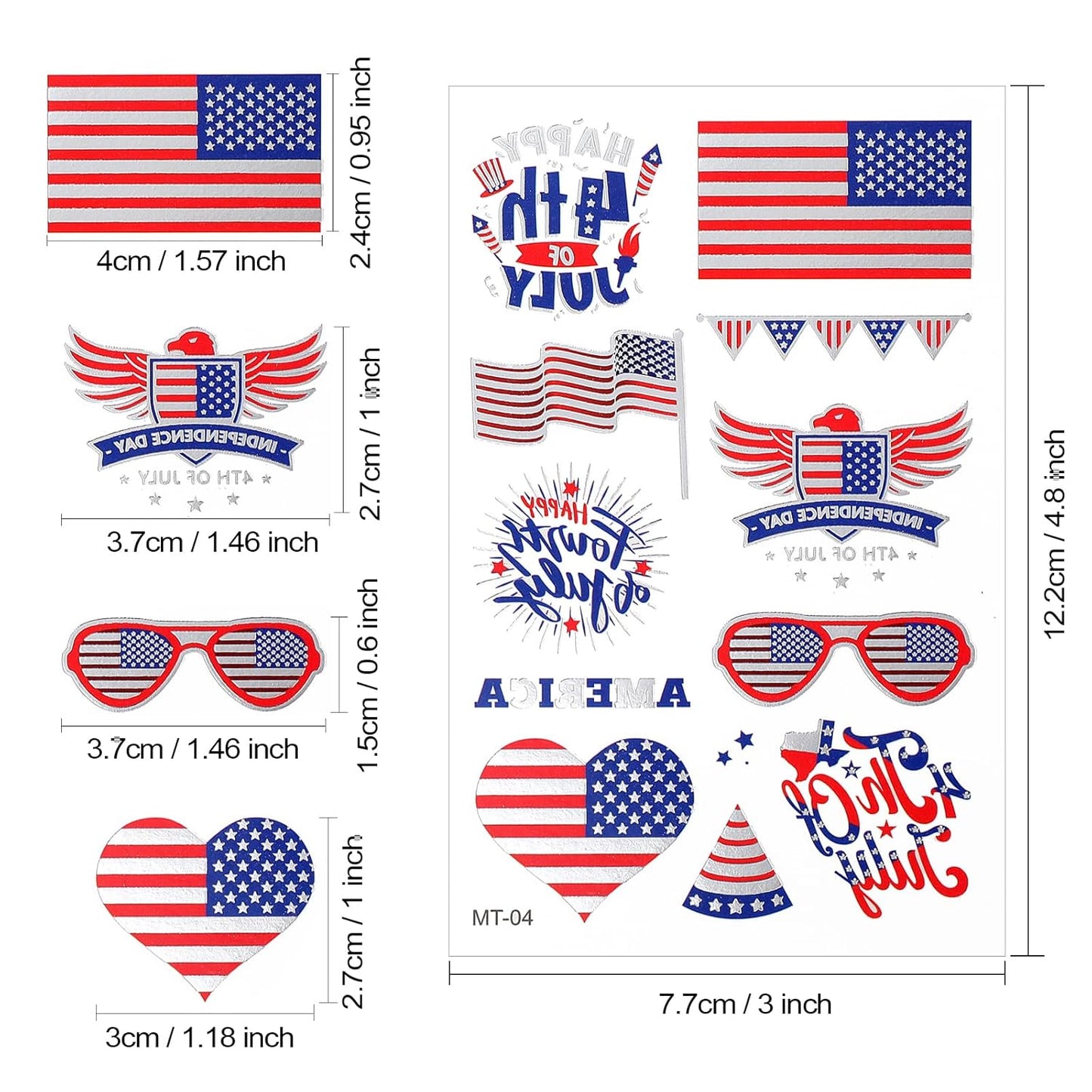 4th of July Temporary Tattoos - Metallic USA Patriotic Stickers | American Flag Designs for Independence Day Celebrations