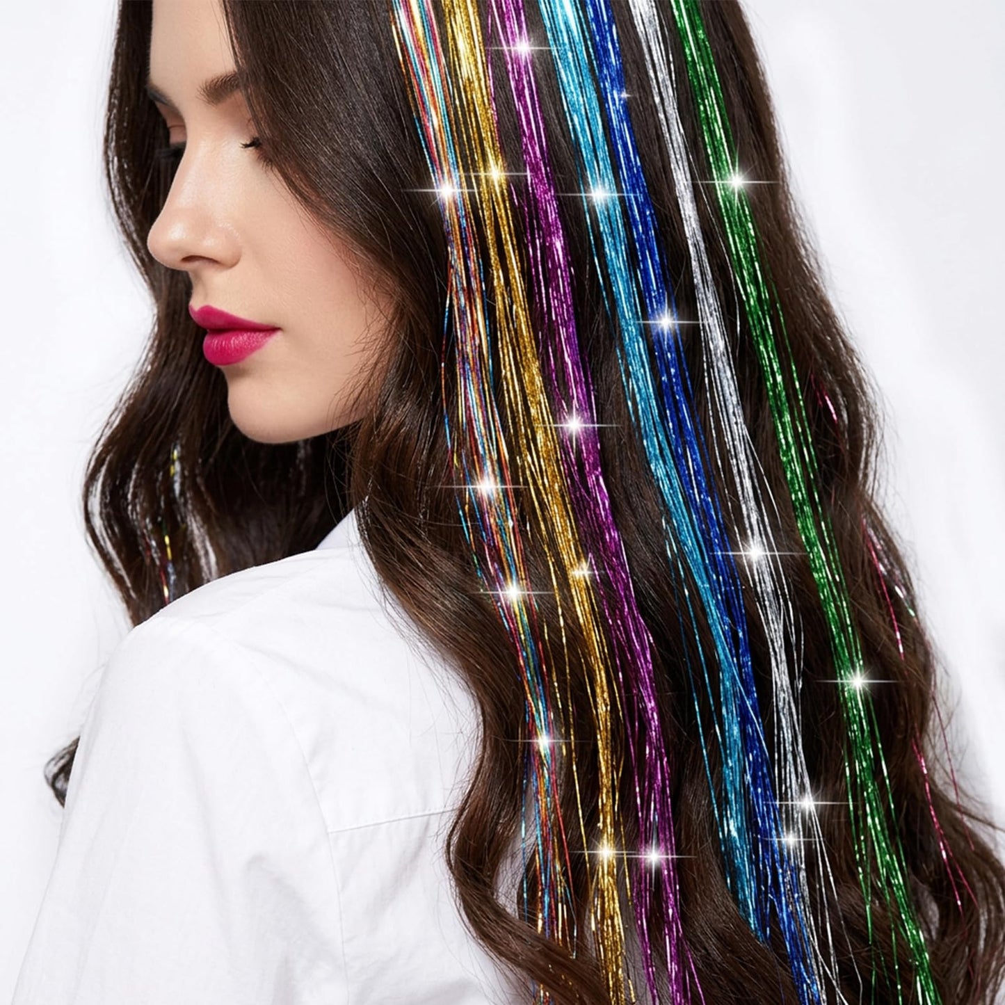 Nogeqi 8 Pcs Colored Hair Tinsel Clip Hair Extensions Glitter Fairy Hairs Tinsel Clips for Party Birthday Festival Gifts, 18.9 Inch