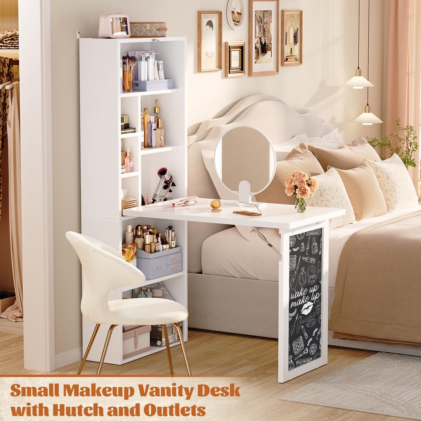 Armocity Small Folding Desk with Outlets, Convertible Writing Desk for Small Spaces/Home Office/Craft Room, Multi-Function Desk Workstation with Blackboard, Fold-Out Cabinet Table, White