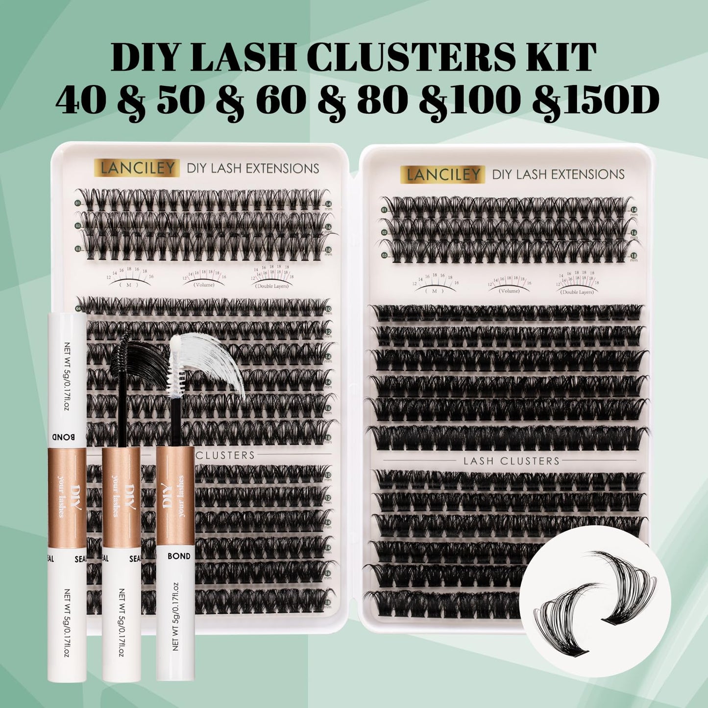 Lash Clusters 564pcs Eyelash Clusters 40+50+60+80+100+150D Cluster Eyelash Extensions Kit Thick Volume Individual Lashes Natural Lashes DIY Lash Extension Kit with Bond and Seal and Tweezers-40-150D