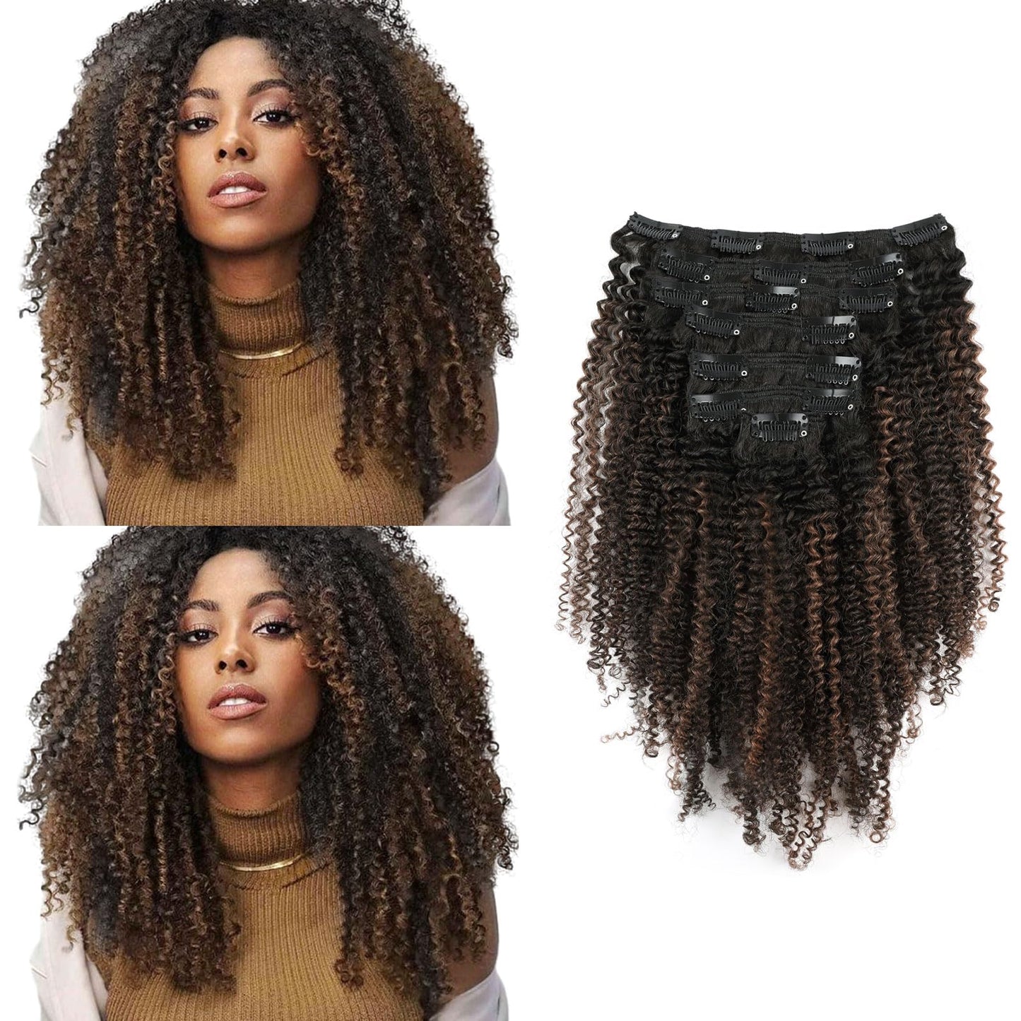 Sassina 4B 4C Afro Curly Clip in Human Hair Extensions Double Weft Clip ins for African American Natural Black to Chocolate Brown Clip in Hair Extensions 120 Grams 18 Inch 7 Pcs