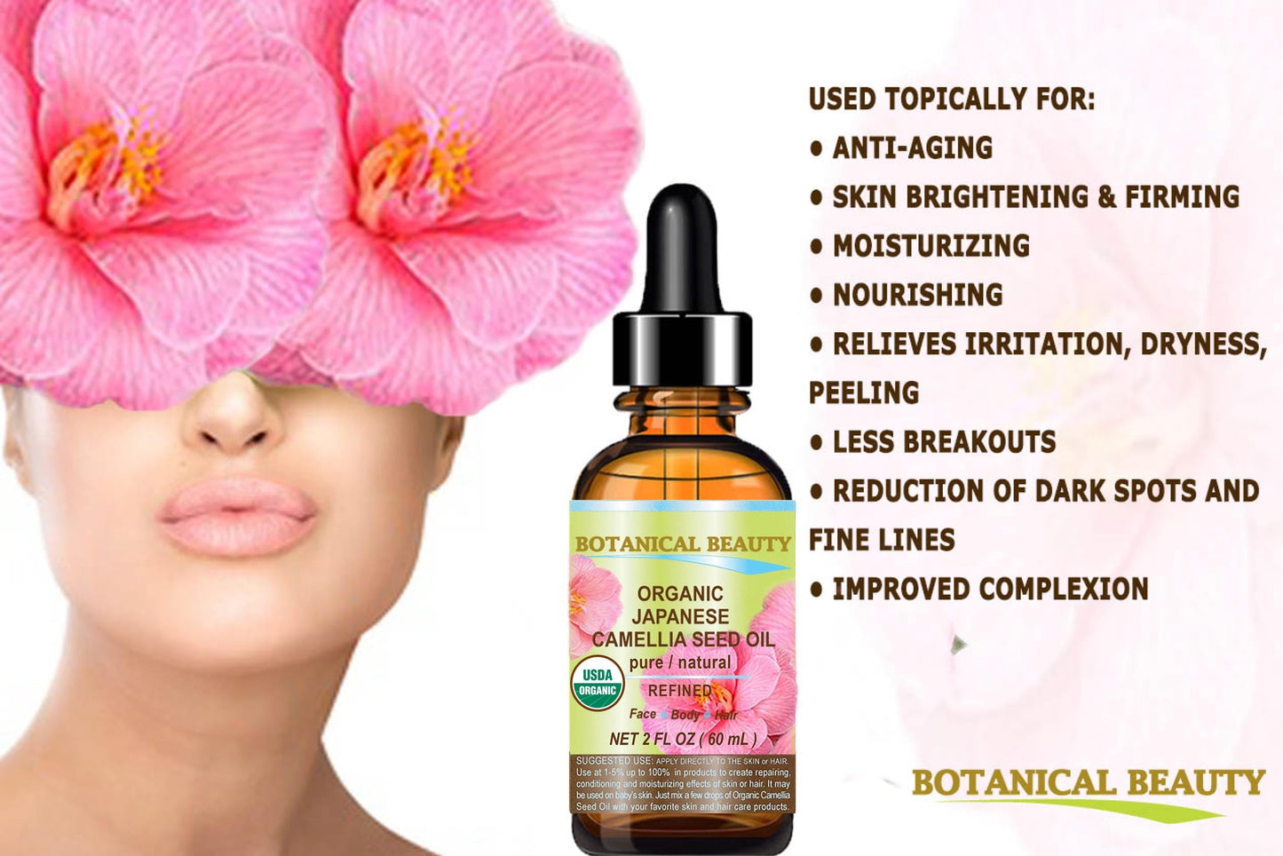 Botanical Beauty Japanese ORGANIC CAMELLIA Seed Oil. 100% Pure Natural Undiluted Refined Cold Pressed Carrier Oil to revitalize and rejuvenate the hair, skin and nails. 4 Fl. oz 120 ml