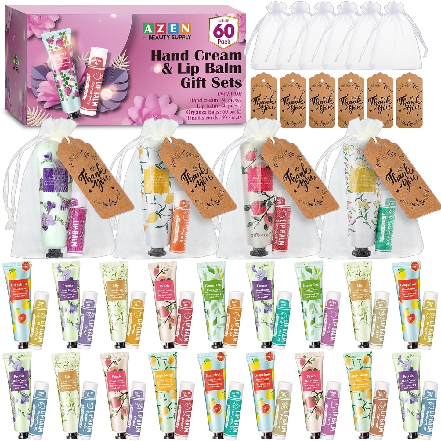 Hand Cream and Lip Balm Gift Set - 120 Bulk Sets with Organza Bag | Perfect for Baby Showers, Weddings, and Mother's Day