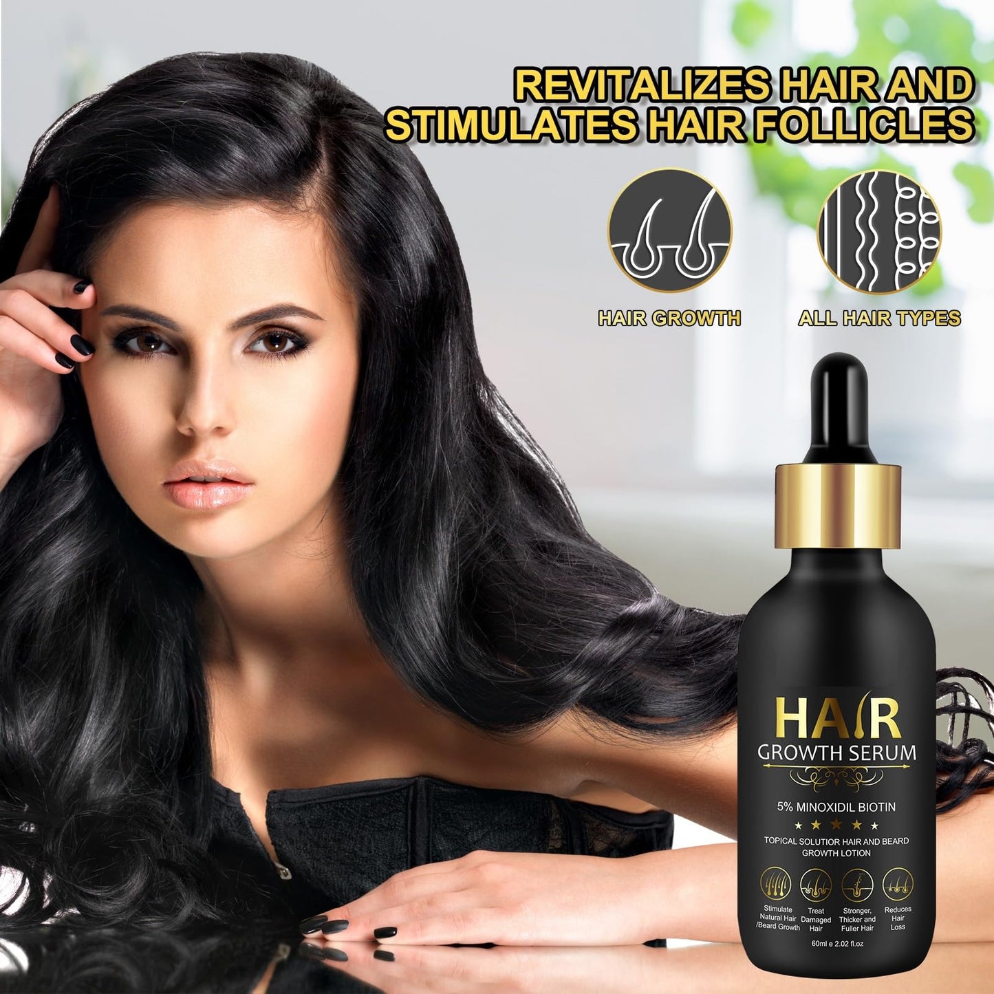 5% Minoxidil Hair Growth Serum for Men & Women - for Stronger Thicker Longer, Hair Regrowth Treatment- 2.02 oz