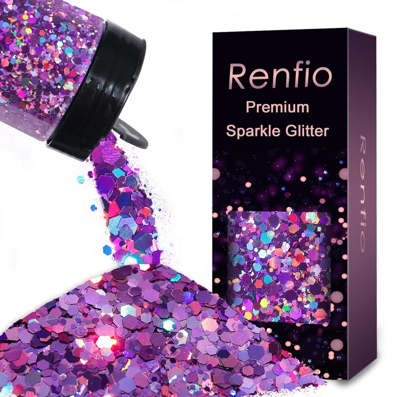 Renfio Holographic Glitter, 9.7oz/275g Laser Purple Chunky Glitter for Snowglobe Tumbler,Purple PET Flake Mixed Fine Powder for Snowglobe Tumbler,Craft,Epoxy Resin,Festival Decor,Nail,Slime