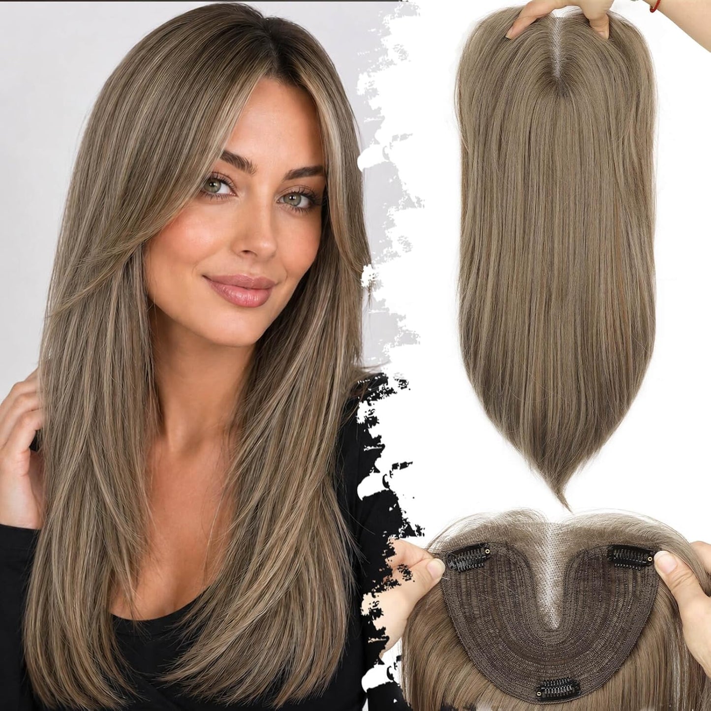 Ash Blonde Synthetic Hair Toppers with Platinum Highlights - 18" Long, 5x6" Base for Thinning Hair, Clip-In Wispy Bangs