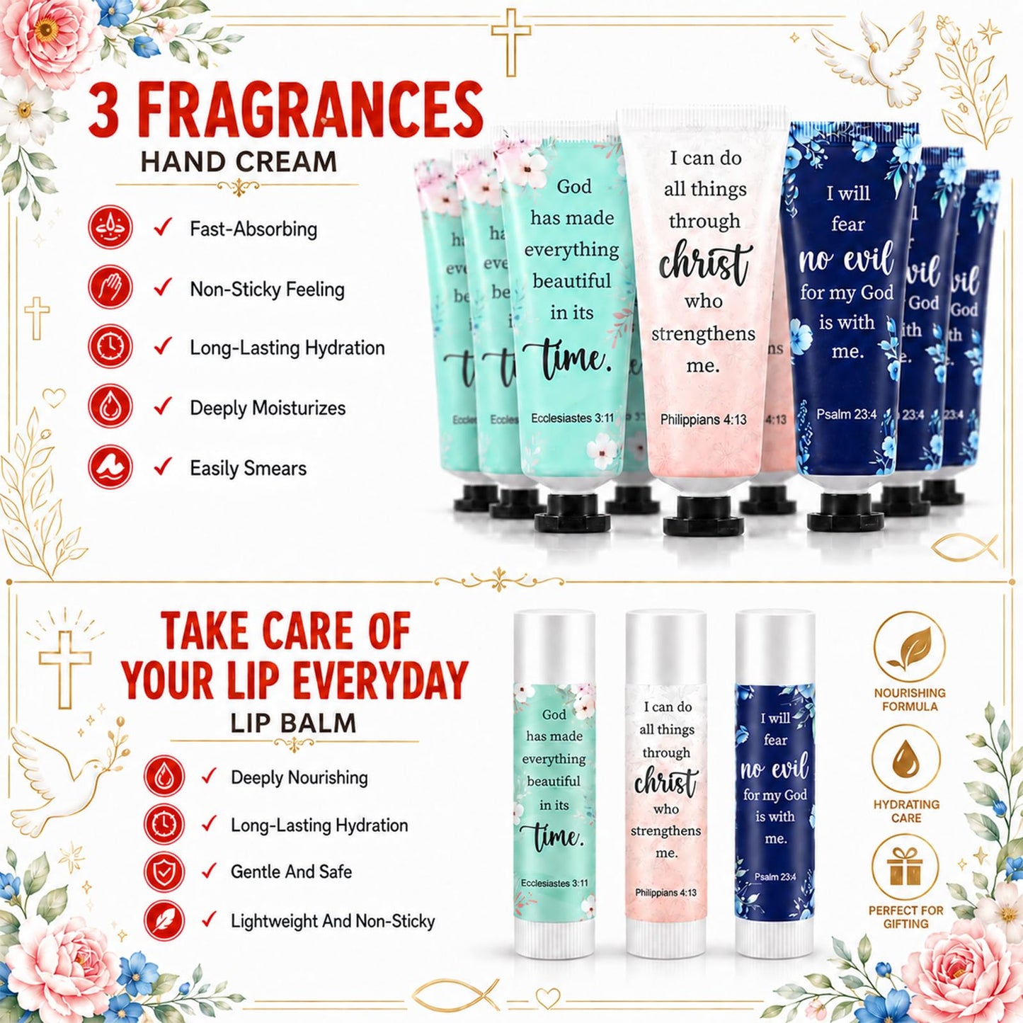 96Pcs 24 Sets Christian Hand Cream and Lip Balm Gift Set Moisturizing Gift Sets With Organza Bag Christian VBS Gifts Bible Verse Bulk Gifts for Teacher Wedding Baby Shower Church Prayers for Women