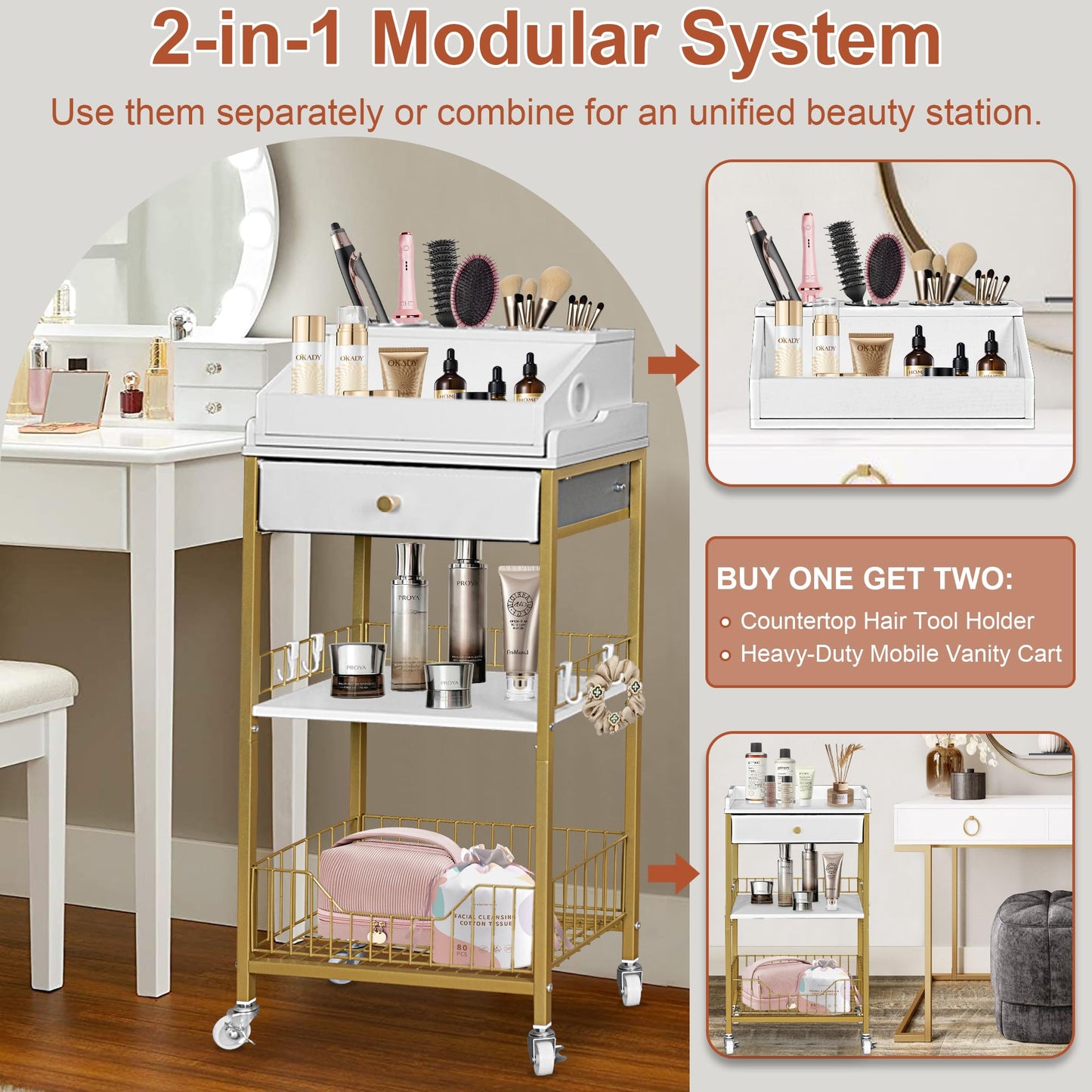 NauwaBarn Makeup Organizer Cart with Drawer, 2-in-1 Rolling Organizer Cart with Hair Tool Holder, Vanity Storage for Skincare, Perfume, Nail Polish, Cosmetics, Gold Finish