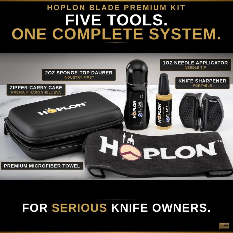 Hoplon Blade Premium Kit - 3oz Knife Oil (9X More Than Leading Oils) - Pocket Knife Cleaning & Care Kit, Dauber & Needle Applicators, Rust Prevention, Complete Knife Restoration & Maintenance Set