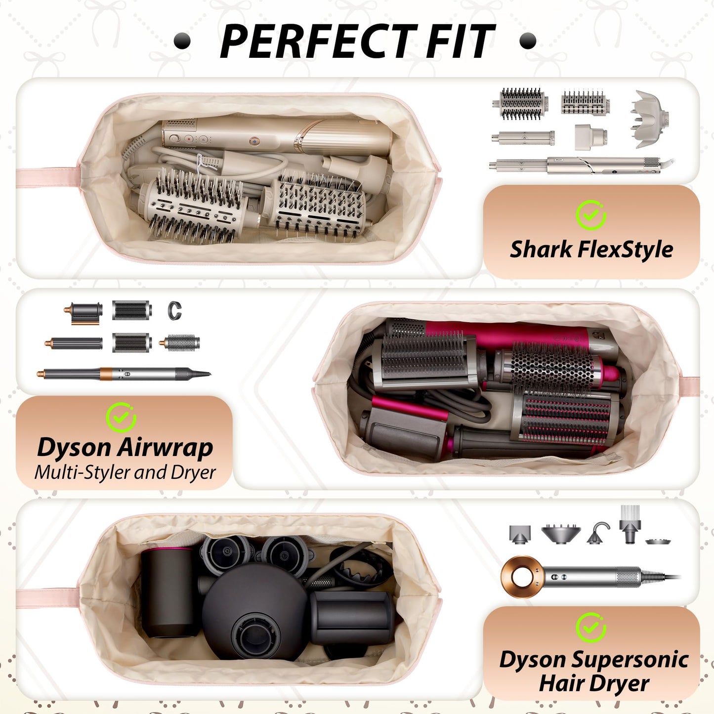 Linpr Shark Flex Style Case, Travel Hair Dryer Bag Compatible with Dyson Airwrap, Quilted Hair Tool Organizer Bag for Women, Portable Carrying Case for Flat Curling Iron Accessories (Pink)
