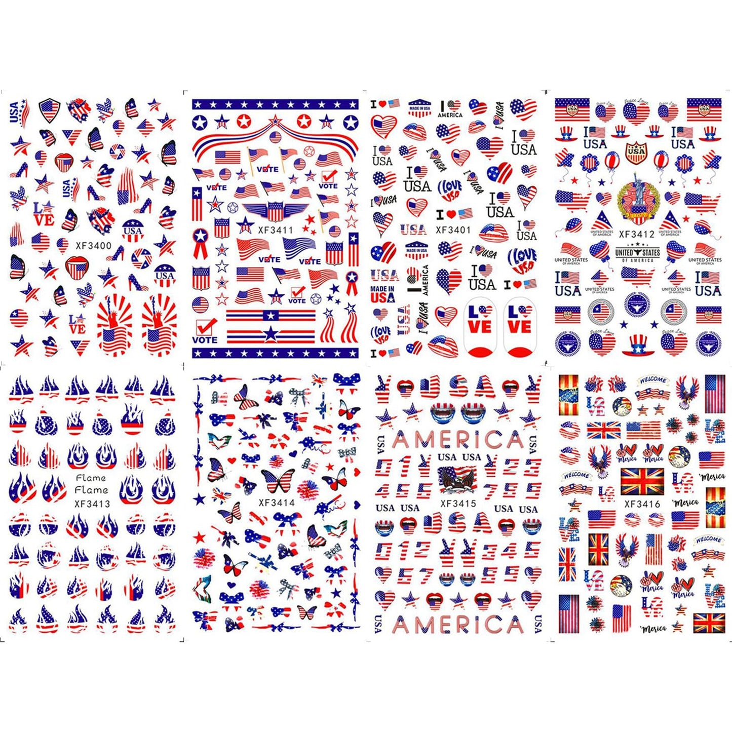 8 Sheet 4th of July Nails Art Stickers American Independence Day Nail Stickers 3D Self-Adhesive Nail Decals Heart Balloon Design American Flag Nails Supplies for Women Manicure
