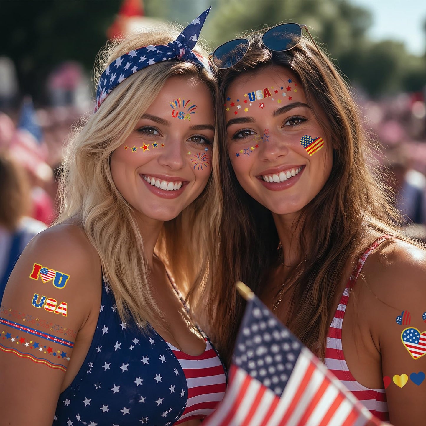 HOWAF 4th of July Body Tattoos, Women 4th of July Parade Outfit, Red White Blue Star Stripe Lace Temporary Tattoo Face Tattoo for USA 250th Anniversary Accessories, 250 Years of Freedom Favors
