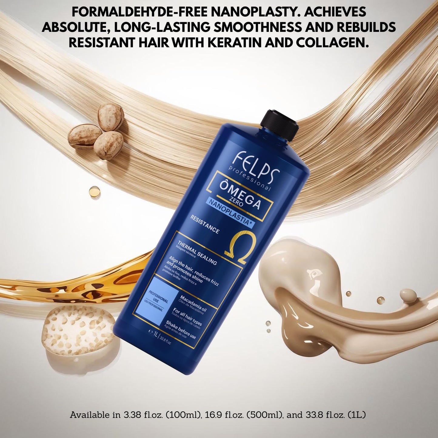 Kit Felps Professional Omega Zero Nanoplastia Thermal Sealing Kit, 33.8 fl oz, with Lizz Original Extreme Flat Iron, 500°F, LCD Display, Dual Voltage