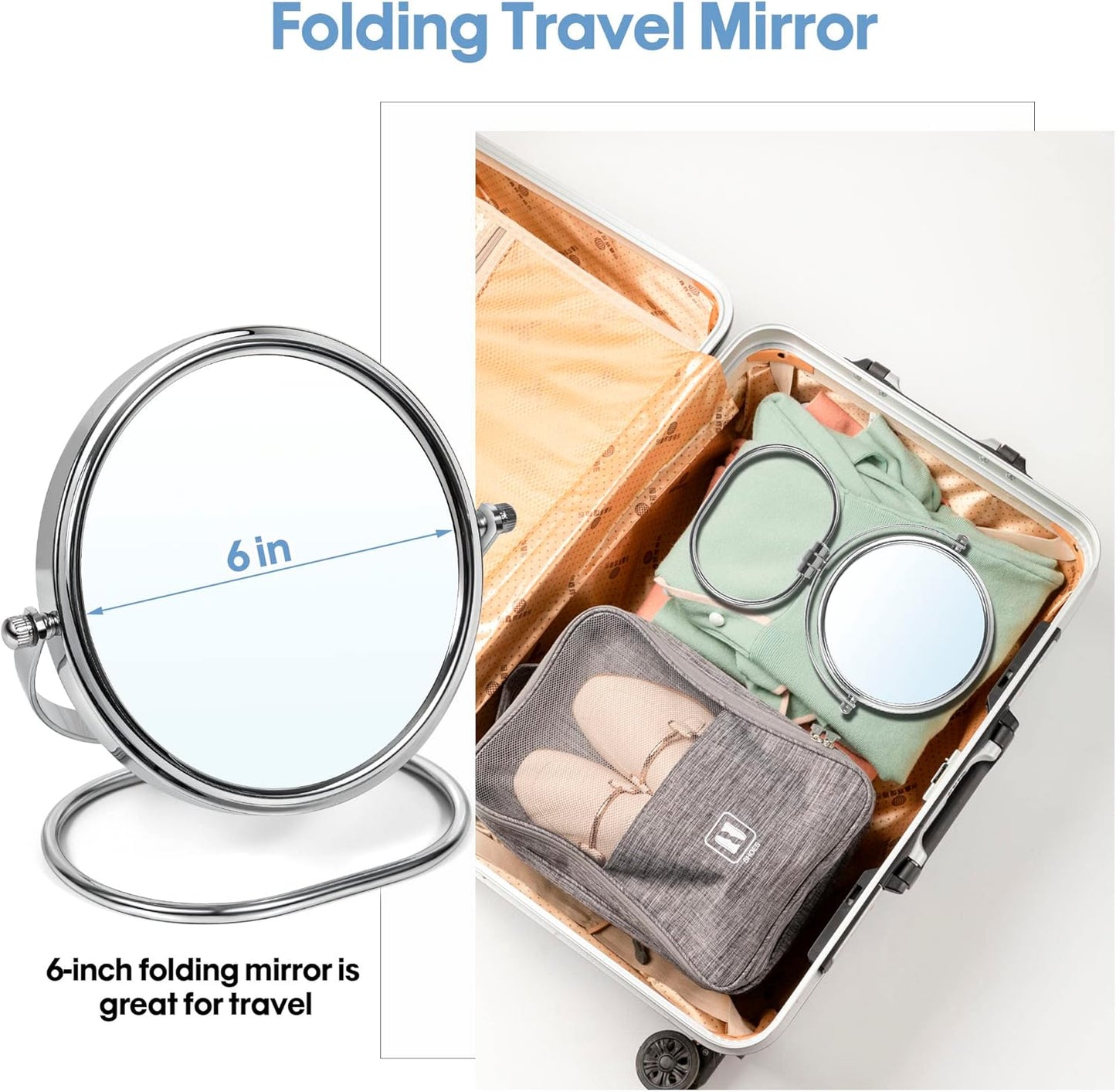Portable Folding Travel Makeup Mirror - 1X/10X Magnifying Double-Sided 360° Swivel | Handheld & Wall Hanging Design, Includes Travel Storage Bag