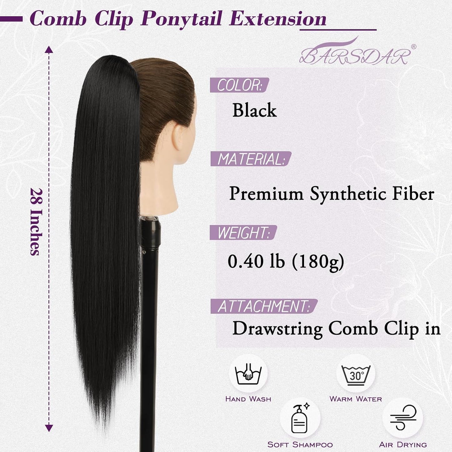 Black Straight Drawstring Ponytail Extension - 28 Inch Natural-Looking Soft Synthetic Hairpiece for Daily Wear | Cheer & Party