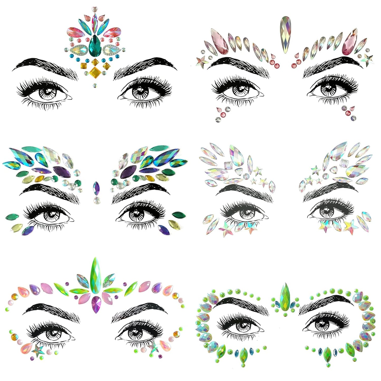 Gemstone Face Stickers - 8 Pcs Rhinestone Face Jewels for Festivals | Halloween & Christmas Party Decor