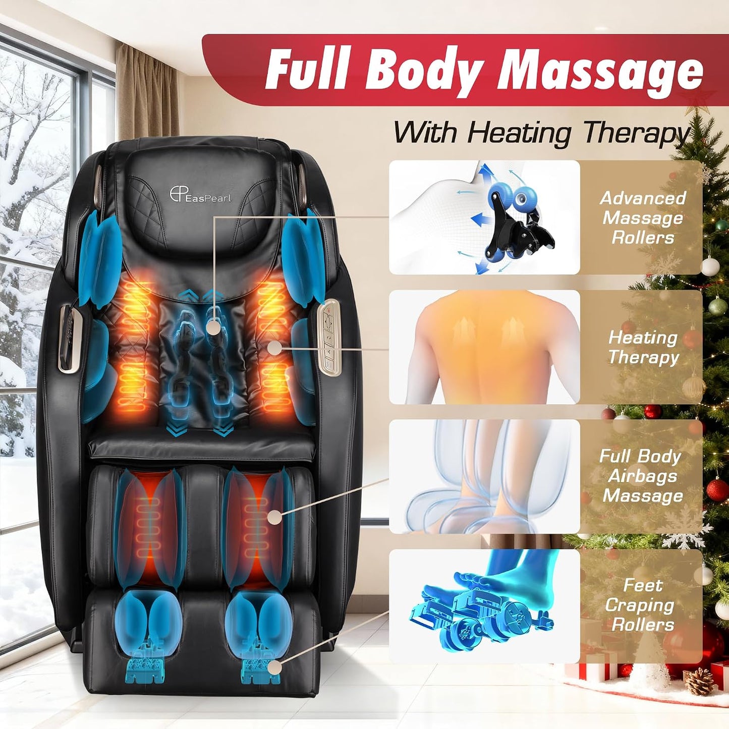 EASPEARL Full Body Massage Chair - SL-Track, 165° Zero Gravity, Heat & APP Control | Black