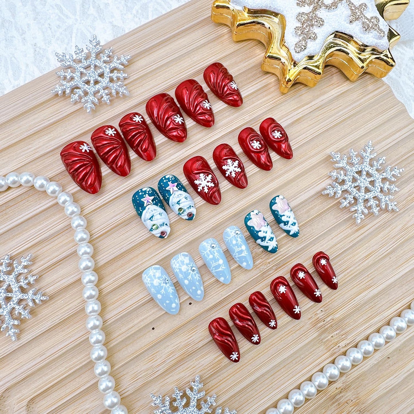 3D Christmas Press-On Nails - Medium Almond Acrylic with Rhinestones | 24 Pcs Winter Snowflake Designs
