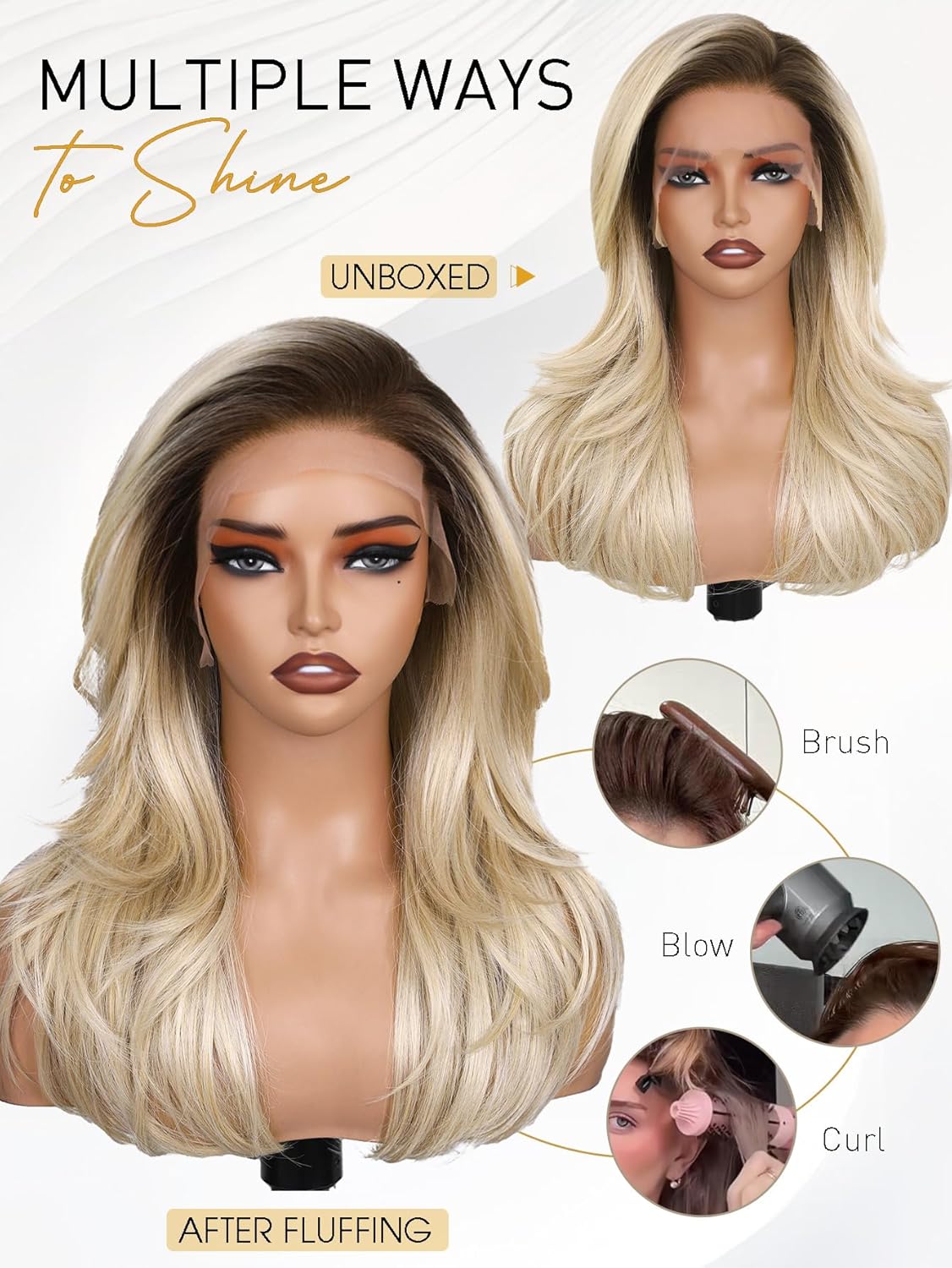13x6 Synthetic Lace Front Wig - 18 Inch Blonde Layered Glueless Design | Pre-Plucked Hairline, Natural Density, Ombre Ash Blonde