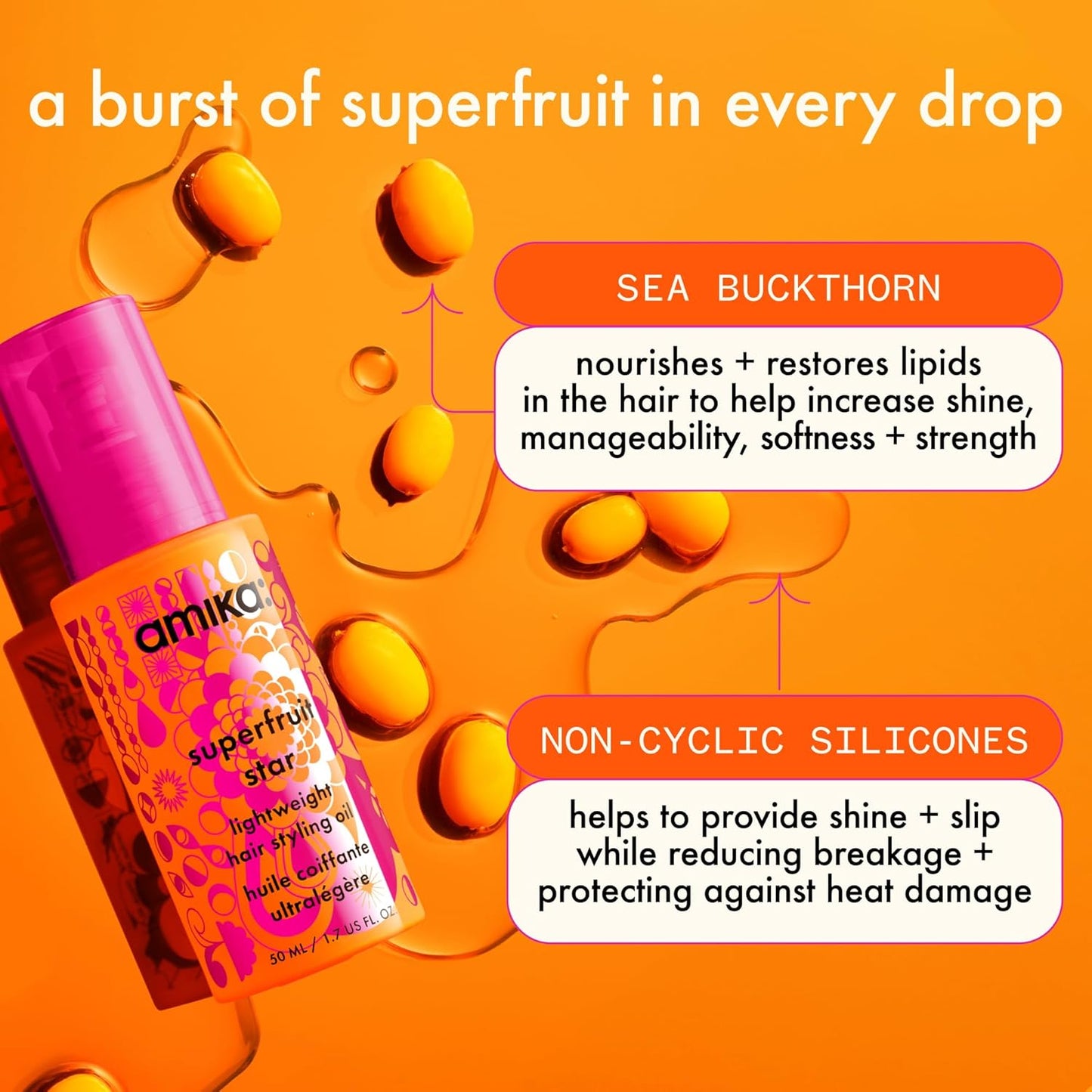 Amika Superfruit Star Lightweight Hair Styling Oil - Heat Protection, Strengthens & Smooths Frizz | For All Hair Types