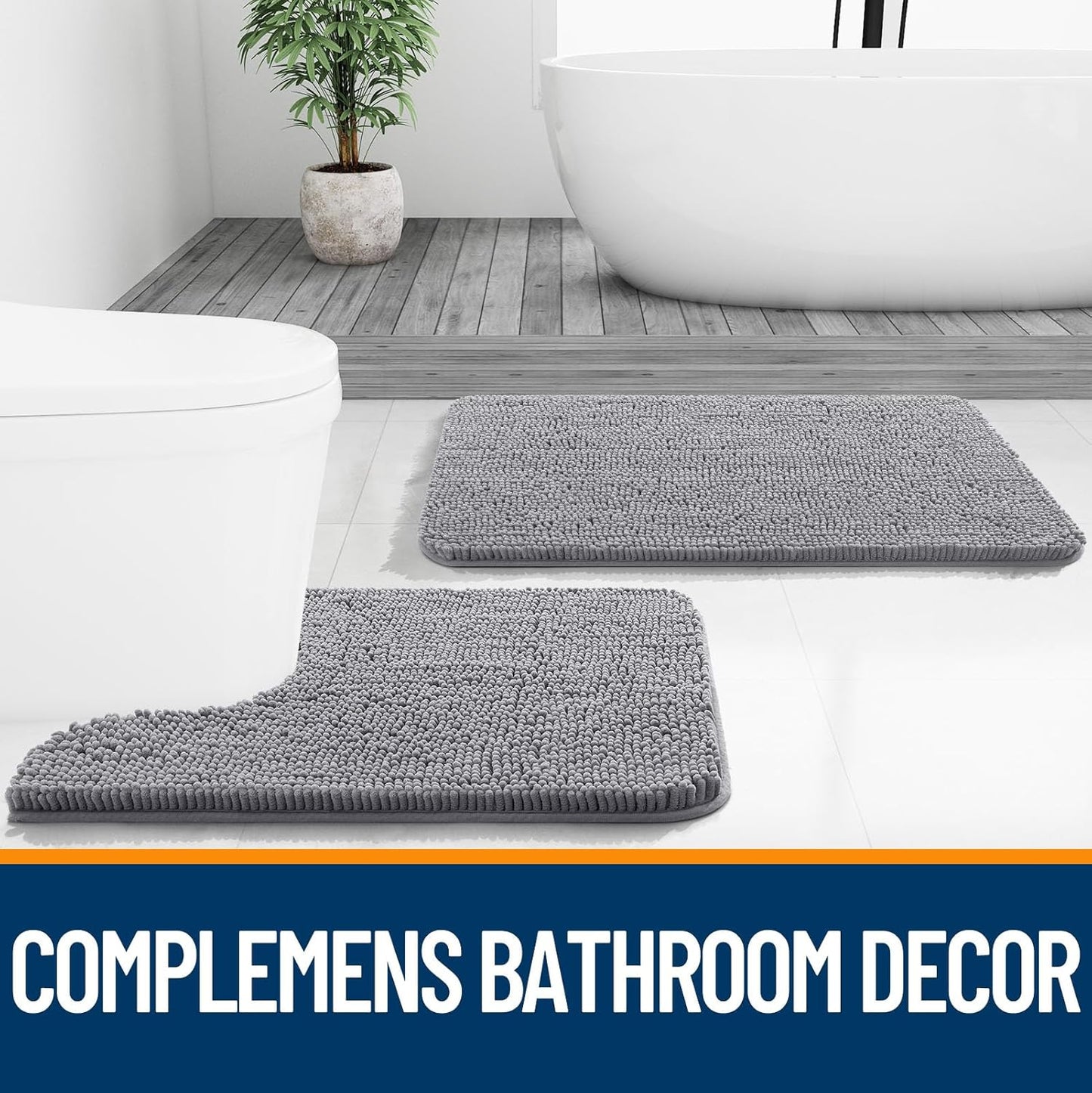 Extra Soft Chenille Bathroom Rugs - 30x20 Quick Dry, Machine Washable | Grey Bath Mats for Tub & Shower