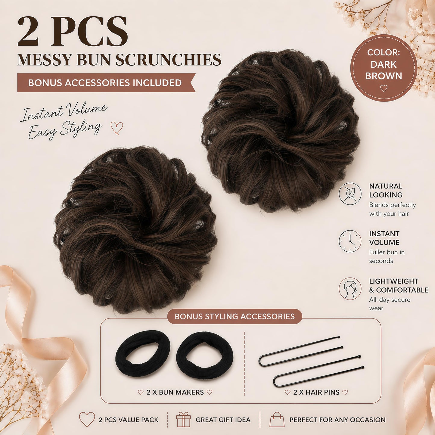 Amchoice Messy Bun Hair Piece 2 Pcs Elastic Wavy Curly Bun Hair Pieces for Women Instant Volume Lightweight Synthetic Chignon Hairpieces for Girls Daily Wear Party Travel(18H613#)