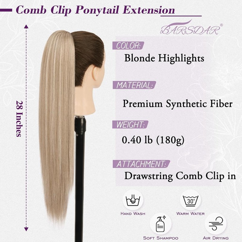 Blonde Straight Drawstring Ponytail Extension - 28 Inch Natural-Looking Soft Synthetic Hairpiece | Perfect for Daily Wear & Parties