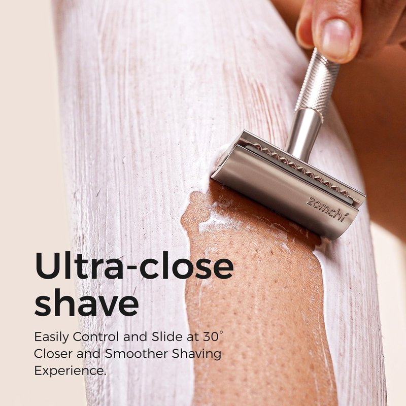 ZOMCHI Double Edge Safety Razor Kit for Men & Women, Reusable Metal Razor with Stand and 10 Blades, Eco-Friendly Plastic-Free Shaving - Matte Silver