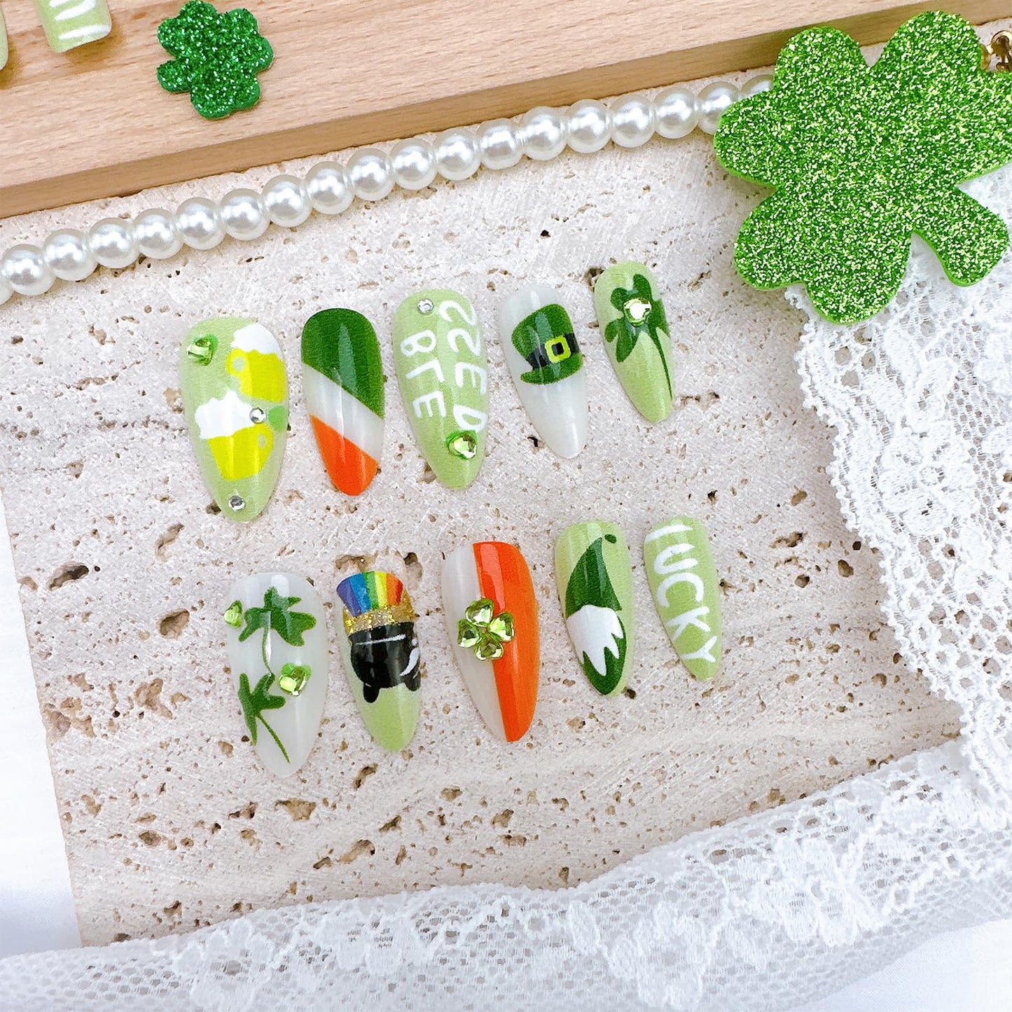 St. Patrick's Day Press On Nails - 24Pcs Medium Almond Acrylic with Shamrocks & Rhinestones | Dwarf Hat Design